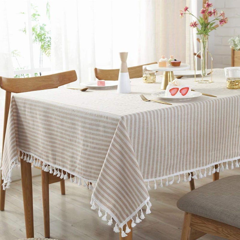 AMZALI Stripe Tassel Tablecloth Cotton Linen Stain Resistant/Dust-Proof Waterproof Table Cover for Kitchen Dinning Tabletop Decoration (Rectangle/Oblong,55 x 87 Inch, Beige) - Image 1